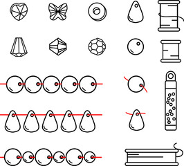 Set of vector icons about jewelry making. Pressed and faceted beads of various shapes. Beads separately and strung on string, threads in coils, jewelry string. Isolated signs handmade theme