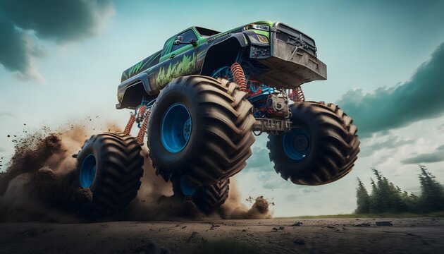 monster truck jumping up hyperrealistic, Photography, Ultra-Wide Angle, Depth of Field 25mm, hyper-detailed, insane details, intricate details, beautifully color graded, Unreal Engine, Cinematic, Phot