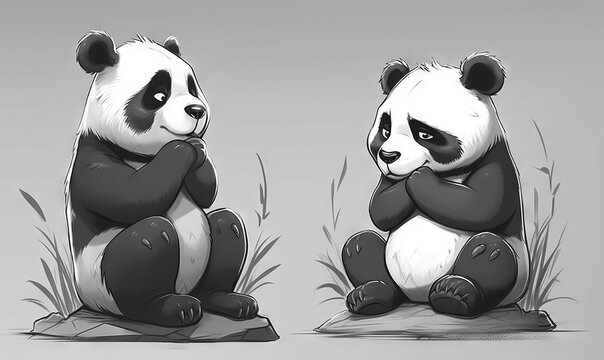 a panda bear sitting on top of a rock next to another panda bear sitting on top of a rock and holding its arms around its neck.  generative ai