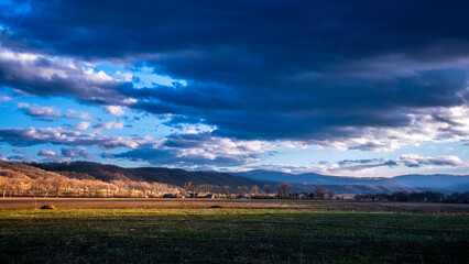 landscape, sky, mountain, nature, cloud, clouds, grass, hill, summer, field, meadow, valley, sunset, hills, travel, green, countryside, mountains, view, cloudy, rural, panorama, weather, horizon, spri