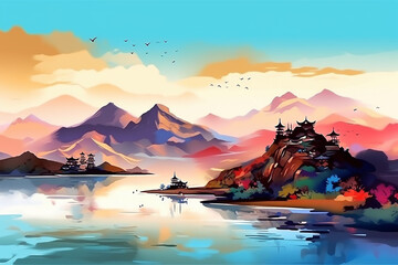 Naklejka na ściany i meble Chinese landscape mapdistant mountains flat illustration style generative AI technology