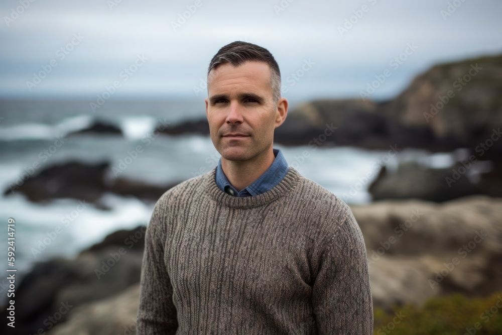 Poster Portrait of a handsome man standing on the rocks by the ocean