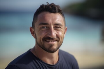 Fototapeta premium Portrait of smiling man standing on beach with ocean in the background