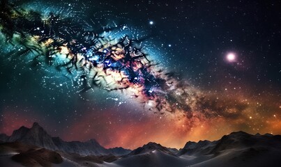 Obraz na płótnie Canvas a very colorful picture of a star filled sky with mountains in the foreground and stars in the sky in the background, with a bright star cluster in the middle of the sky. generative ai