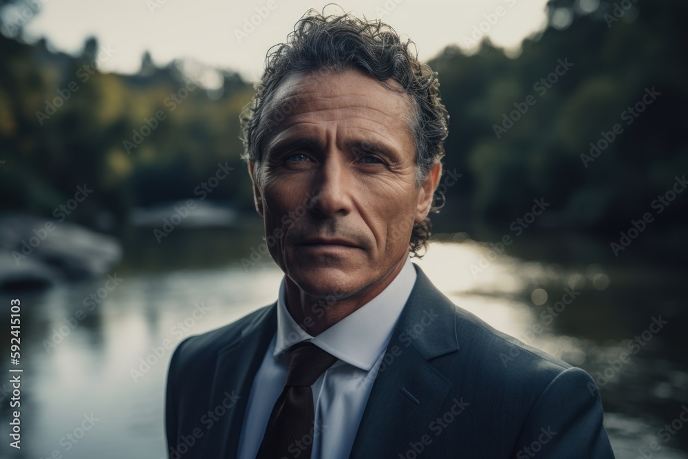 Wall mural Portrait of a handsome mature man in a business suit on the river bank.