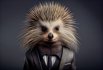 Portrait of a porcupine dressed in a business suit in a studio photo. Generative AI.  - obrazy, fototapety, plakaty