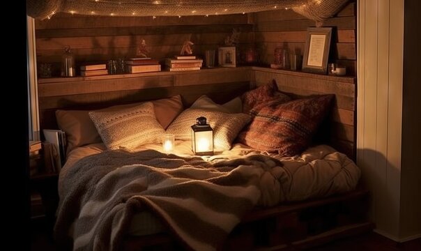  a bed with a lit lantern on it in a room filled with books and other items on the shelf above it is a bed with a blanket and pillows.  generative ai