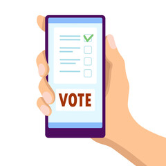Male hand holding smartphone with vote button. Voting paper on phone screen. Political election campaign. Voting online concept