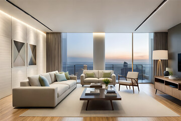 Fototapeta na wymiar Interior design of a modern, stylish, serene, and calming living room that incorporates soft lighting, muted colors, and minimalist decor | Generative AI