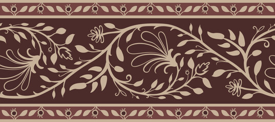 Persian stylized decorative floral border design. Lace embroidery seamless pattern. Fantasy brown edging print with leaves and flowers. Hand drawn oriental fabric. Vector background.
