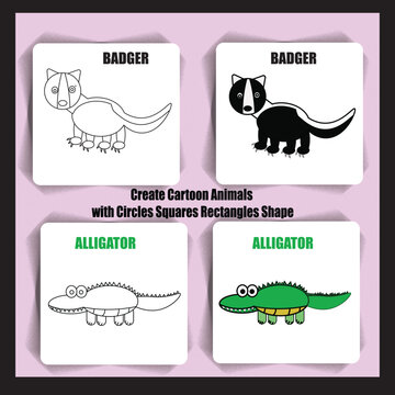 create cartoon animals Badger AND Alligator with circles squares rectangles shape 