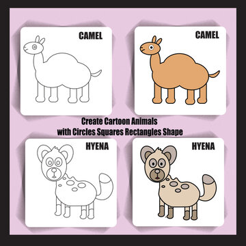 create cartoon animals camel Hyena with circles squares rectangles shape 