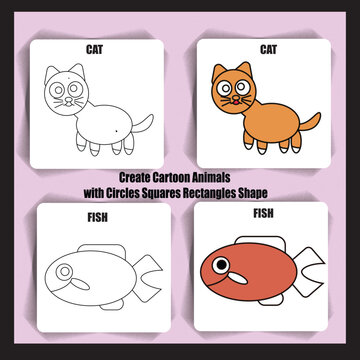 create cartoon animals CAT AND Fish with circles squares rectangles shape 