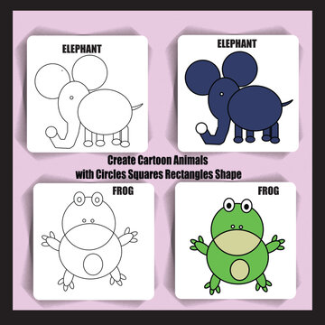 create cartoon animals Elephant AND Frog with circles squares rectangles shape