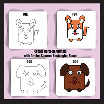 create cartoon animals Fox AND Dog with circles squares rectangles shape