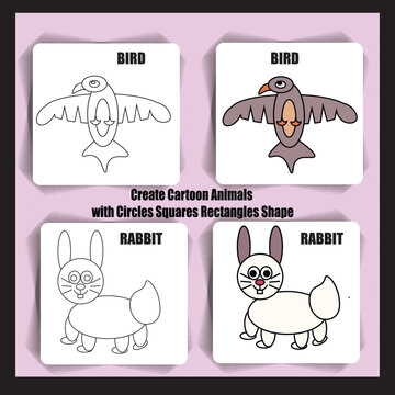 create cartoon animals Bird AND Rabbit with circles squares rectangles shape