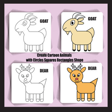 create cartoon animals Goat AND Dear with circles squares rectangles shape