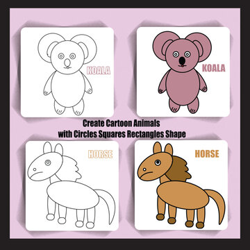 create cartoon animals Koala AND Horse with circles squares rectangles shape