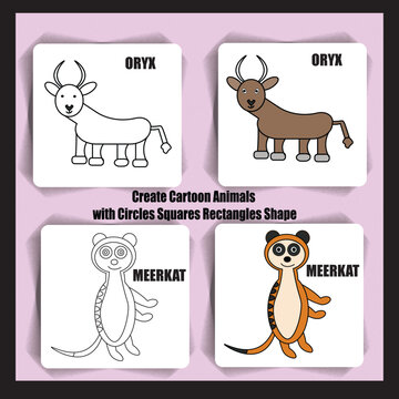 create cartoon animals ORYX AND MEERKAT with circles squares rectangles shape 