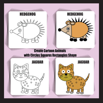 create cartoon animals Hedgehog AND Jaguar with circles squares rectangles shape 