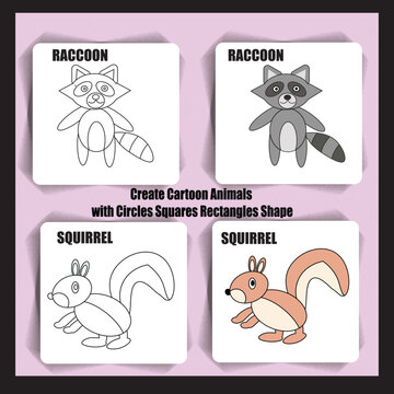 create cartoon animals Raccoon AND Squirrel with circles squares rectangles shape