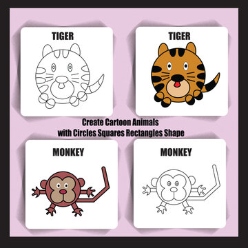 create cartoon animals Tiger AND Monkey with circles squares rectangles shape