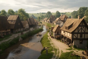 Fototapeta na wymiar AI generated image of a medieval village with a river flowing through. Generative AI