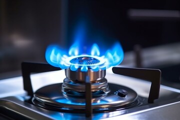small burner from gas kitchen stove with blue burning flame. Generative AI