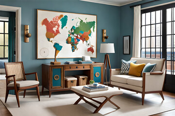 Interior design of a travel-inspired living room that incorporates souvenirs, travel posters, and a global color palette inspired by your favorite destinations | Generative AI