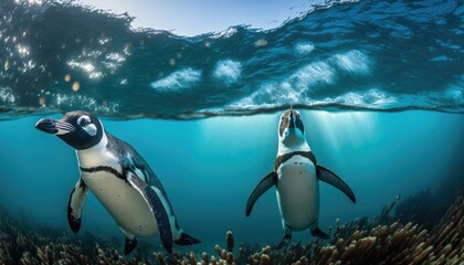 Fototapeta premium Split shot. Couple of African penguins diving in ocean over sea bottom. marine animals. Sun rays passing through water surface. half-in, half-out photo of ocean mammals. over-under shot. Generative AI