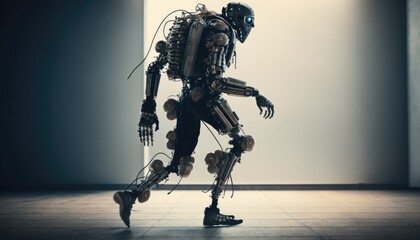 Cyborg is walking on down the floor. Artificial intelligence in real life. Droids with legs. Smart systems. Machine robotic technology. Artificial intelligence mechanisms. Generative AI