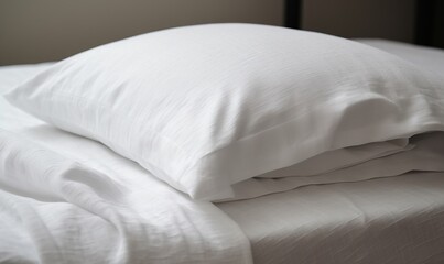  a bed with a white comforter and pillows on top of it, with a black headboard in the background and a brown headboard in the foreground.  generative ai