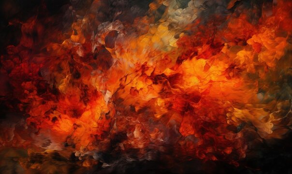  an abstract painting of a red and yellow fire with a black back ground and a black sky in the background and a black sky in the foreground.  generative ai