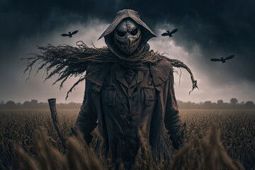 Scary scarecrow in the field. Halloween concept. Generative ai - obrazy, fototapety, plakaty