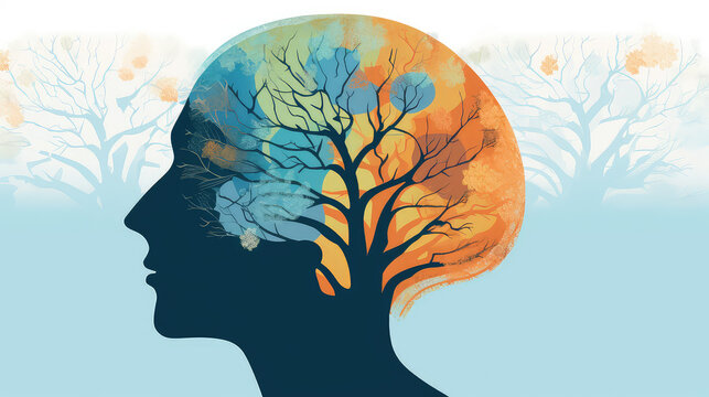 Abstrakte Kopfform, mit einem Baum. Illustrative Darstellung psychischer Gesundheit (Generative AI)