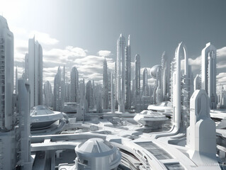 White light futuristic city scape with robots fine art generative ai