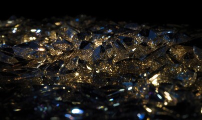  a pile of shiny diamonds sitting on top of a black table top next to a black wall with a black light on it and a black background.  generative ai