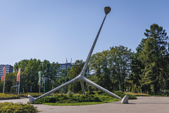 Chorzow, Poland - August 26, 2022: Statue of Giraffe in Silesian Park near Silesian Zoological Garden in Chorzow
