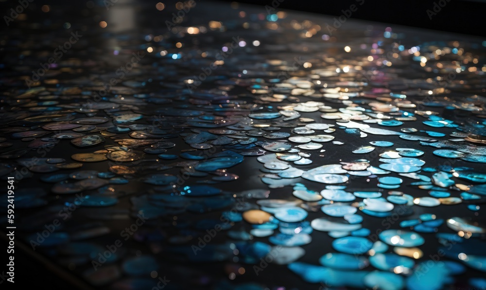 Sticker  a close up of a table with many different colored circles on it and a black surface with blue and yellow lights in the back ground.  generative ai