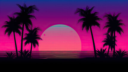 sunset on the beach color retro art