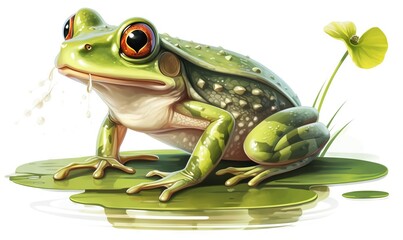 Obraz premium a green frog sitting on top of a green leaf covered ground next to a green plant with a flower in it's mouth and a spout of water. generative ai