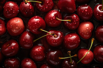 Fresh cherries background, adorned with glistening droplets of water. Generative AI