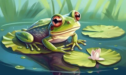 Fototapeta premium a frog sitting on a lily pad in a pond with lily pads and water lilies around it, with a green background and a blue sky. generative ai