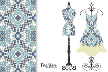 Vector fashion illustration. Vintage tailor dummy, dress model, colorful seamless pattern for textile fabric, paper print, invitation, business card design. Boho style isolated clothes collection