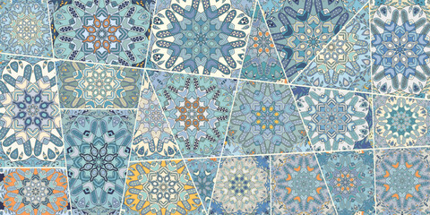 Naklejka premium Vector patchwork quilt pattern. Vintage decorative collage. Hand drawn background. Indian, Arabic, Turkish motifs for printing on fabric or paper. Abstract colorful doodle pattern in mosaic style