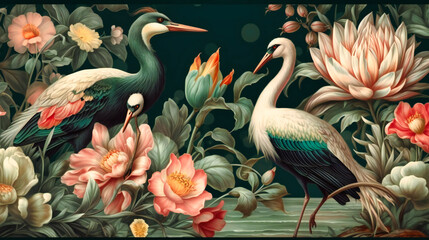 A Luxury Tropical Seamless Patterns with Royal Birds and Garden Flowers