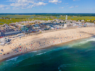 Hampton Beach aerial view including historic waterfront buildings on Ocean Boulevard and Hampton Beach State Park, Town of Hampton, New Hampshire NH, USA.