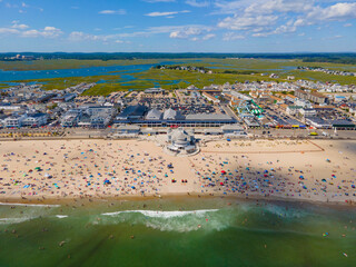 Hampton Beach aerial view including historic waterfront buildings on Ocean Boulevard and Hampton Beach State Park, Town of Hampton, New Hampshire NH, USA.