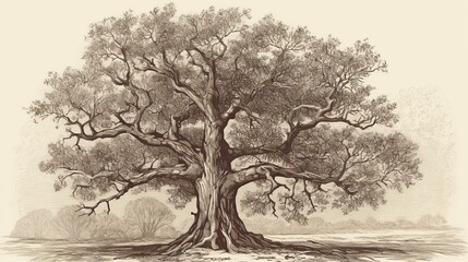 A Branched Oak Tree - A Heartwarming Family Tree with Stunning Engravings, Hand Drawn in a Vintage Style.  - obrazy, fototapety, plakaty
