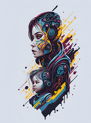 Concept of artificial mother with child. Mother with her little child. AI generated illustration